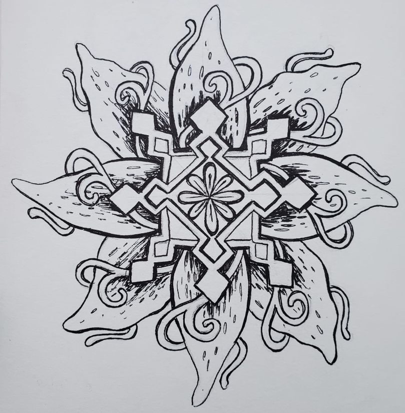 Handgezeichnetes Mandala als Symbol für Balance, Wachstum und Verwurzelung.